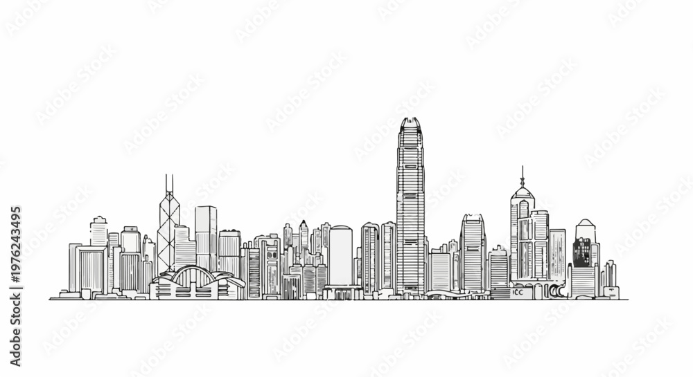 Fototapeta premium Stylized sketch of a bustling city skyline with diverse skyscrapers