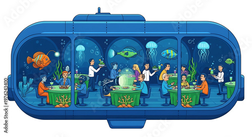 A vibrant underwater restaurant with people dining and enjoying seafood surrounded by marine life