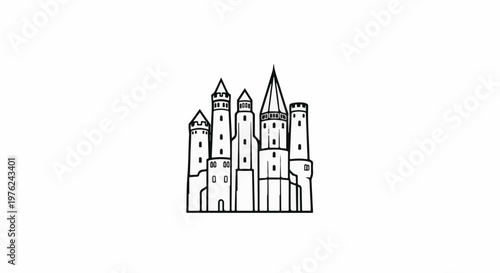 Stylized line drawing of a multi-turreted castle with a pointed central spire