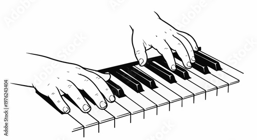 Stylized illustration of hands playing a piano keyboard