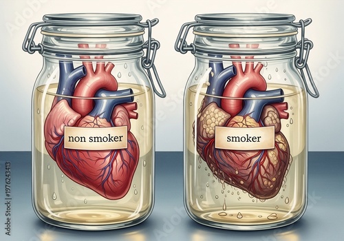 Glass jars containing preserved hearts labeled non smoker and smoker  