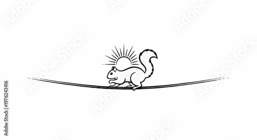 Stylized silhouette of a squirrel on a wire with a sunburst behind it