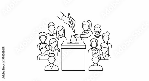 Stylized illustration of diverse people casting votes into a ballot box