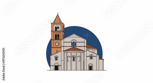 Stylized, simplified illustration of a Romanesque church with a bell tower