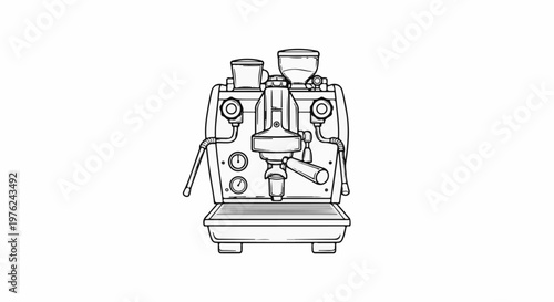 Stylized line drawing of a professional espresso machine with dual hoppers