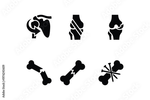 Bone Fracture and Joint Injury Medical Silhouette Icon Collection - Medical trauma and bone fracture vector icon set