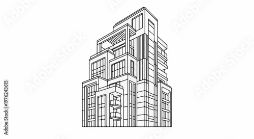 Stylized line drawing of a stepped art deco skyscraper with multiple balconies