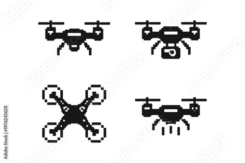 Pixel art drone icons showing different models and perspectives on a white background