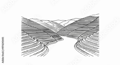 Stylized monochrome drawing of a winding river flowing through a deep, layered canyon