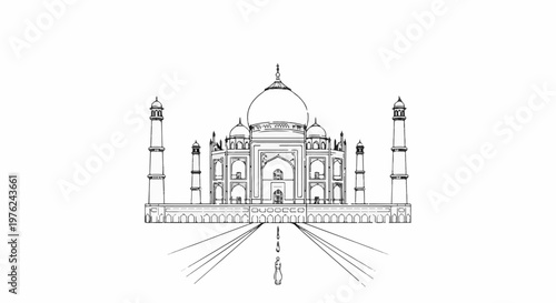 Stylized sketch of a grand domed structure with minarets and approach pathway