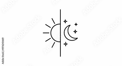 Stylized line art icon depicting day and night with sun, moon, and stars