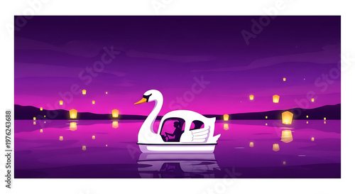 A serene vector illustration of a swan boat on a peaceful lake at dusk with lanterns floating around