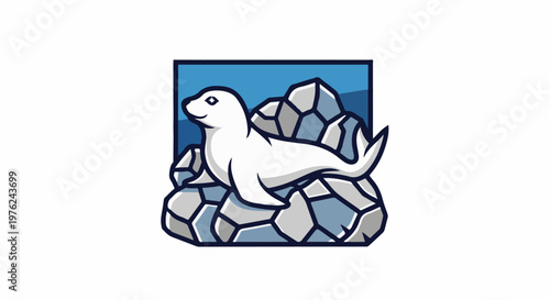 Stylized white seal on ice floe against blue background