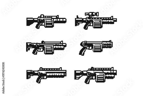 Collection of pixel art firearms, showcasing various weapon designs in a retro style