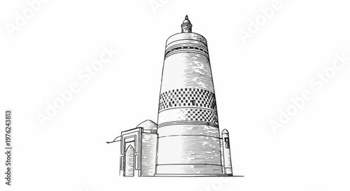 Stylized line drawing of a tall, cylindrical minaret with decorative bands