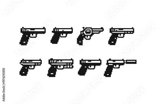Collection of pixel art handguns and revolvers in a simple black and white style