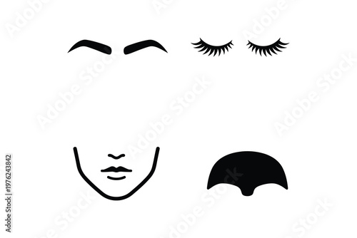Beauty Face Parts Icon Set Eyebrows Eyelashes Lips Hair - Minimalist Woman Face Features Collection Beauty Elements