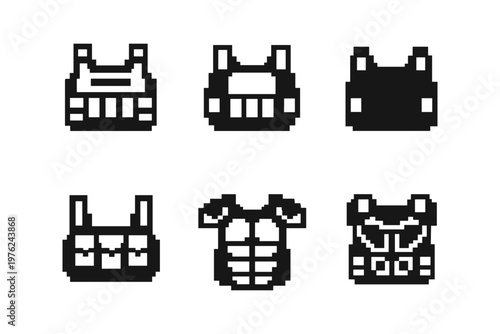 Collection of pixel art vests and armor icons on a white background