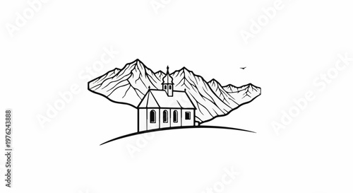 Stylized sketch of a quaint chapel nestled against majestic mountain peaks