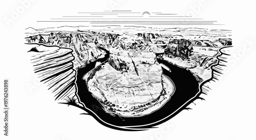 Stylized sketch of a river gorge with layered rock formations under a sunlit sky