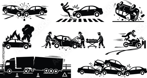 Vector illustration set featuring silhouettes of different animals alongside a diverse collection of car, truck, and van transport icons for creative vehicle and logo design