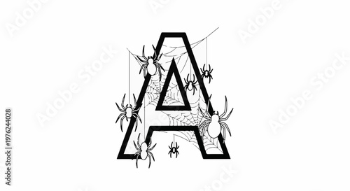 Stylized letter "A" decorated with spiders and webs