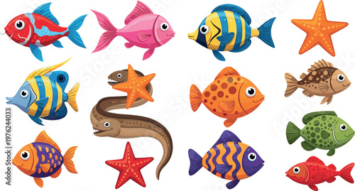 Colorful Cartoon Sea Fish and Starfish Collection with Tropical Marine Animals, Cute Underwater Creatures Set for Ocean and Aquarium Design