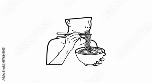 Stylized person eating noodles with chopsticks from a bowl