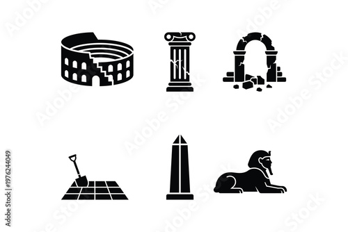 Ancient ruins and archaeology black silhouette icon set - Historical landmarks sphinx colosseum and obelisk vector icon pack