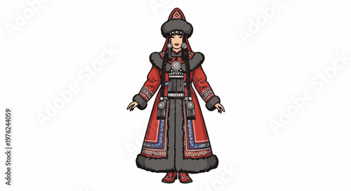Stylized person in ornate red winter fur-trimmed outfit and hat