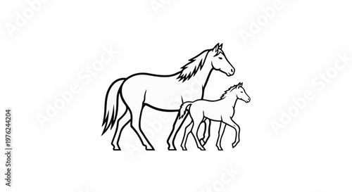 Stylized line art of a mare and foal walking side-by-side