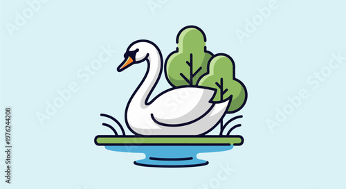 Stylized white swan floats on blue water near green trees