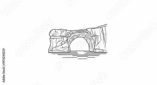 Stylized line art of a natural rock arch over calm water