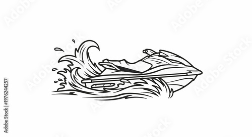 Stylized line art of a personal watercraft speeding through stylized waves