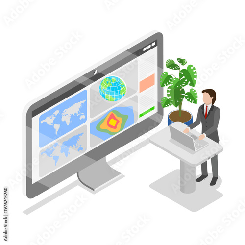 3D Isometric Flat Vector Illustration of Studying Data for Weather Forecasting, Meteorology Scenes. Item 3