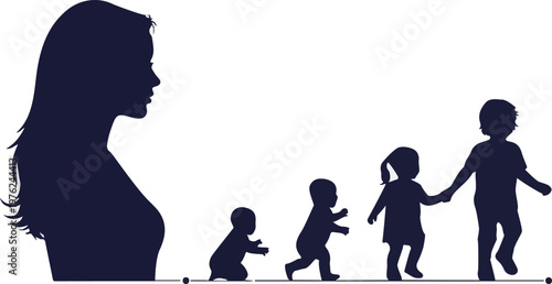 Silhouette of a mother watching her children grow through various stages of life from infancy to young childhood years