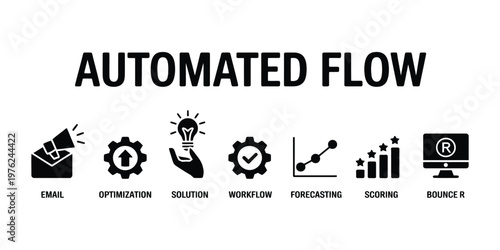 Business automation banner vector, automated workflow concept with icons for email marketing, optimization tools, solution strategy, forecasting analytics, scoring system, and bounce tracking, digital