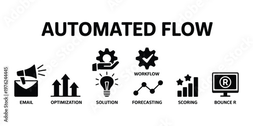 Business automation banner vector, automated workflow concept with icons for email marketing, optimization tools, solution strategy, forecasting analytics, scoring system, and bounce tracking, digital