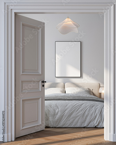 Modern Living Room Poster Frame Mockup with Natural Light and Minimalist Decoration. 3D render.