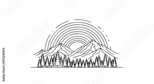 Stylized line art of a mountain range with a forest and sunrays