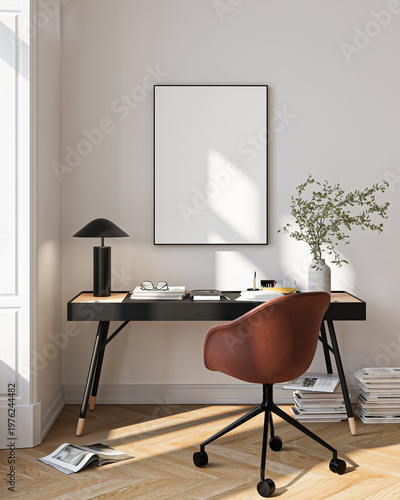 Modern Living Room Poster Frame Mockup with Natural Light and Minimalist Decoration. 3D render.