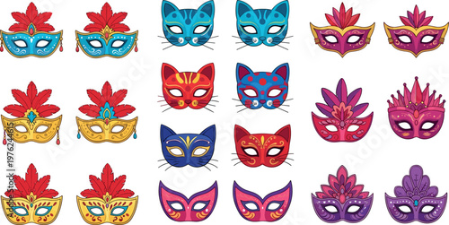 Colorful Decorative Mask Icon Set with Feathered and Cat Designs in Red, Blue, Purple, and Pink in Flat Vector Style