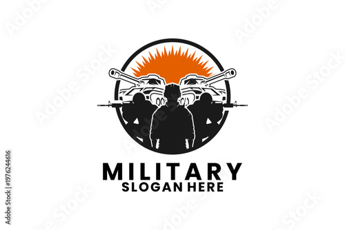 Military Soldiers With Tanks Logo Design Vector Template. Military Circle logo design icon vector template