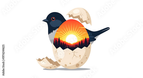 A vector graphic illustration of a bird emerging from an eggshell with a vibrant sunset landscape inside.
