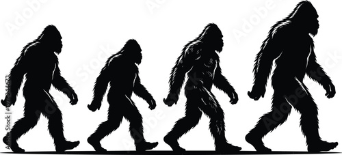 Bigfoot sasquatch silhouette walking sequence mythical creature forest legend cryptid ape evolution steps isolated black illustration concept mystery wilderness