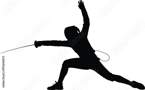 Fencer executing a lunge attack in an offensive stance with a foil
