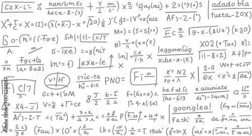 Handwritten mathematical equations and formulas in grey ink on a white background mathematics science
