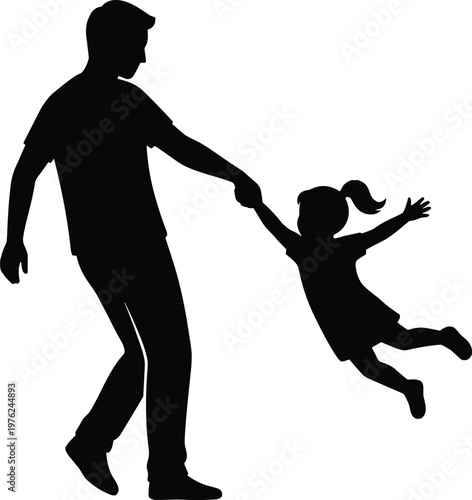 Black silhouette of father spinning young daughter, happy family playing together, dad and child fun activity, isolated on white background, parenthood