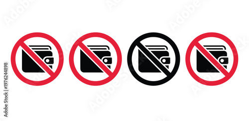 No wallet icon pack, wallet restriction symbols, finance and payment prohibition icons, no cash or card signs, clean vector design elements for mobile apps, digital wallets, and financial security int