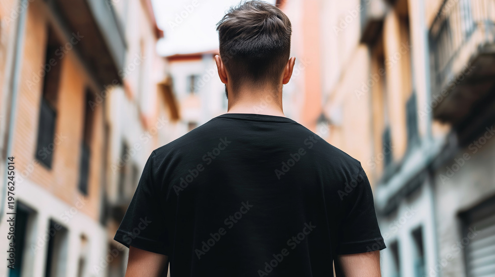 Fototapeta premium Man from behind exploring a silent old town alley, standing alone, creating a sense of journey and introspection